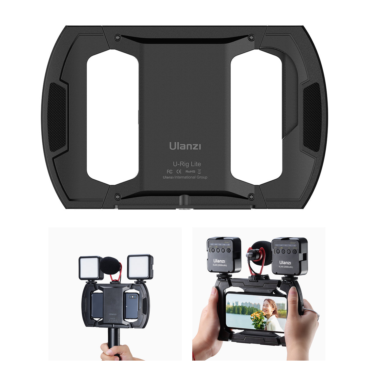 Uniqkart U-Rig Lite Video Vlog Phone Rig Cage with Triple Cold Shoe 1/4 Screw Thread for Smartphones Microphone LED Light