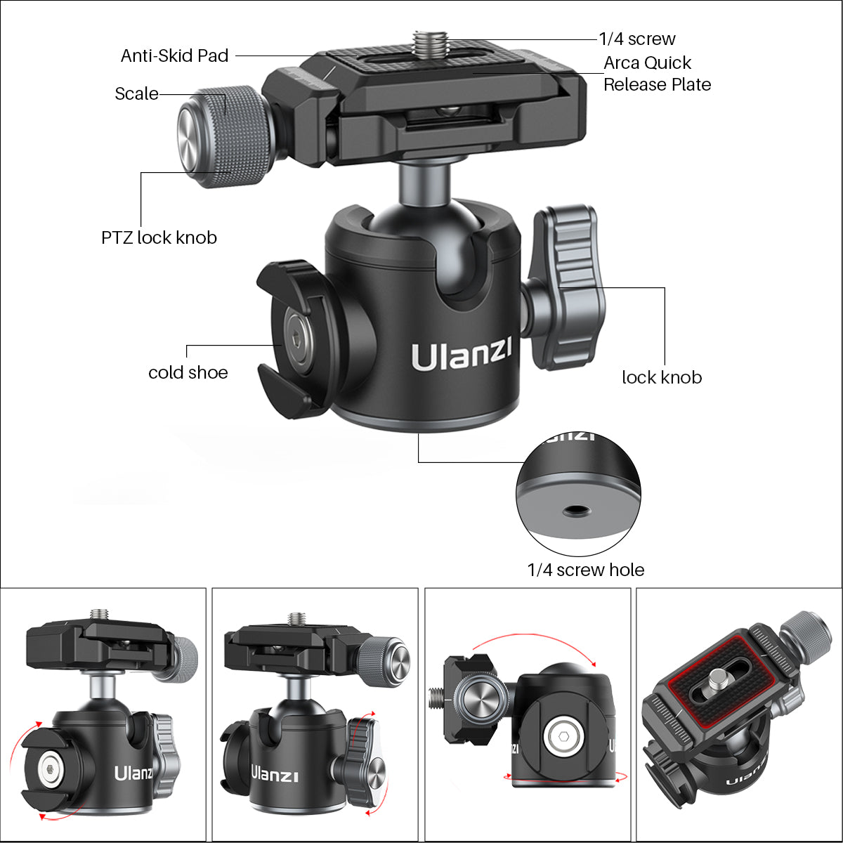 Uniqkart U-80L Arca Swiss Ballhead Tripod Ball Head for DSLR SLR Camera with Arca Quick Release Plate