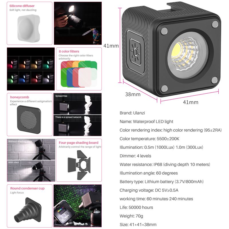 Uniqkart L2 Cutelite COB LED Video Light Portable Fill Photography Light Kit IP68 Waterproof Mini Cube Fill Light