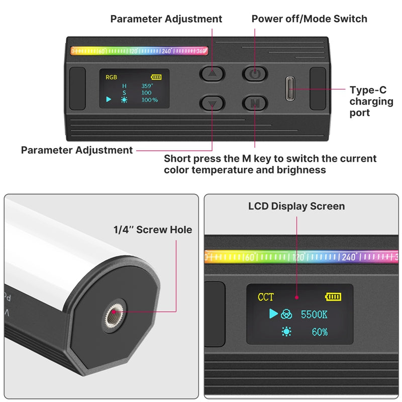 Uniqkart I-Light RGB Mini Stick Light 360-degree Full Color Adjustable Video Light Support Magnetic Attraction