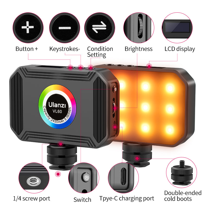 Uniqkart VL60 Mini Pocket RGB Video Light Portable Magnetic LED Camera Fill Light for Photography Shooting