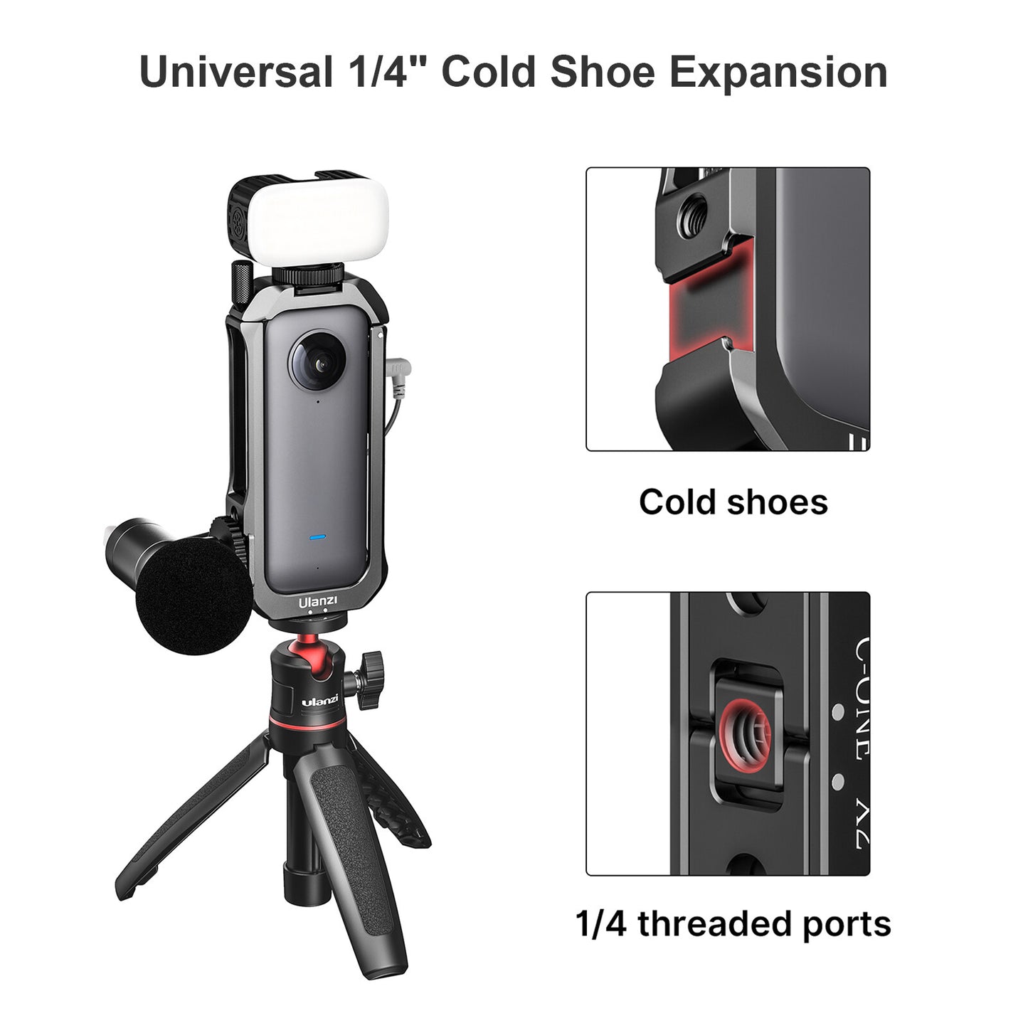 Uniqkart Aluminum Alloy Frame Cage Protective Cover Camera Accessories with Cold Shoe 1/4 Thread for Insta360 ONE X2