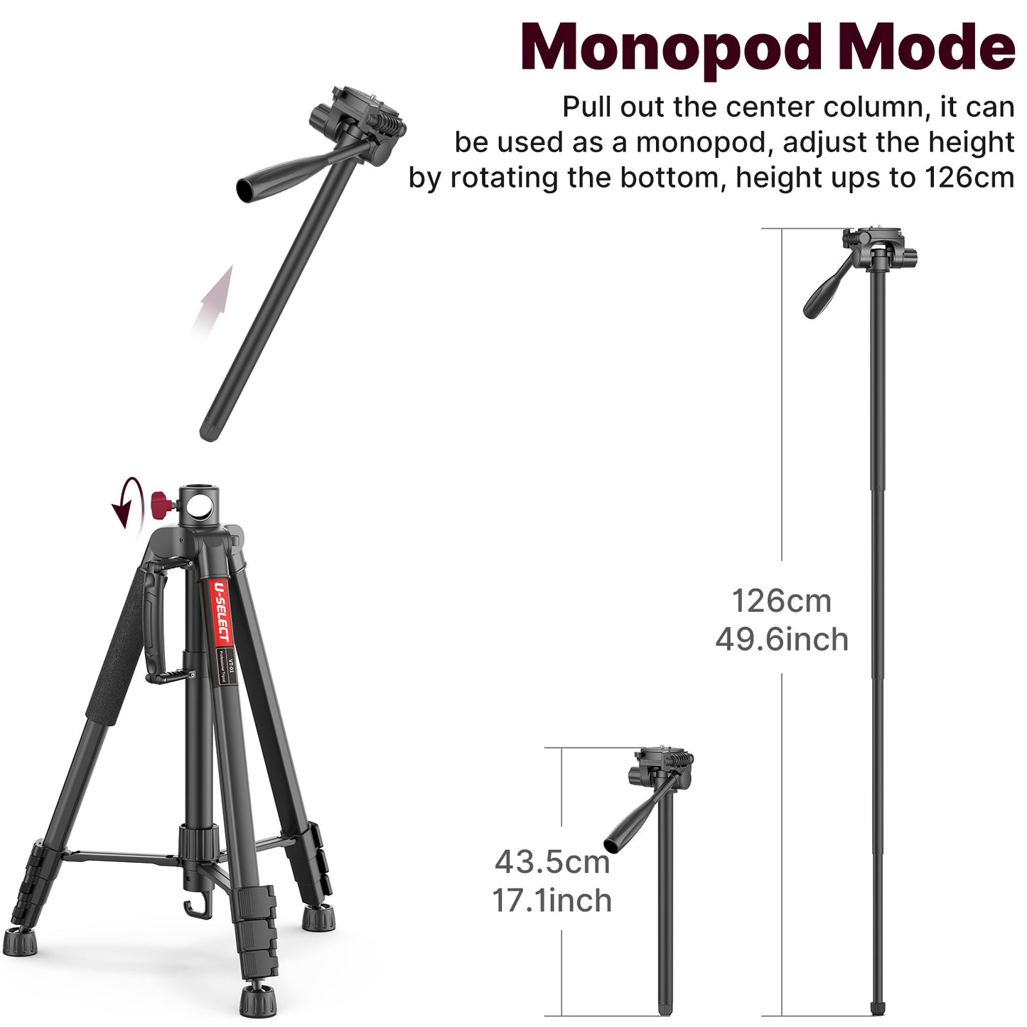 Uniqkart U-SELECT VT-01 Aluminum Alloy Ball Head Professional Tripod Lightweight Large Load-Bearing Tripod for Shooting Photography