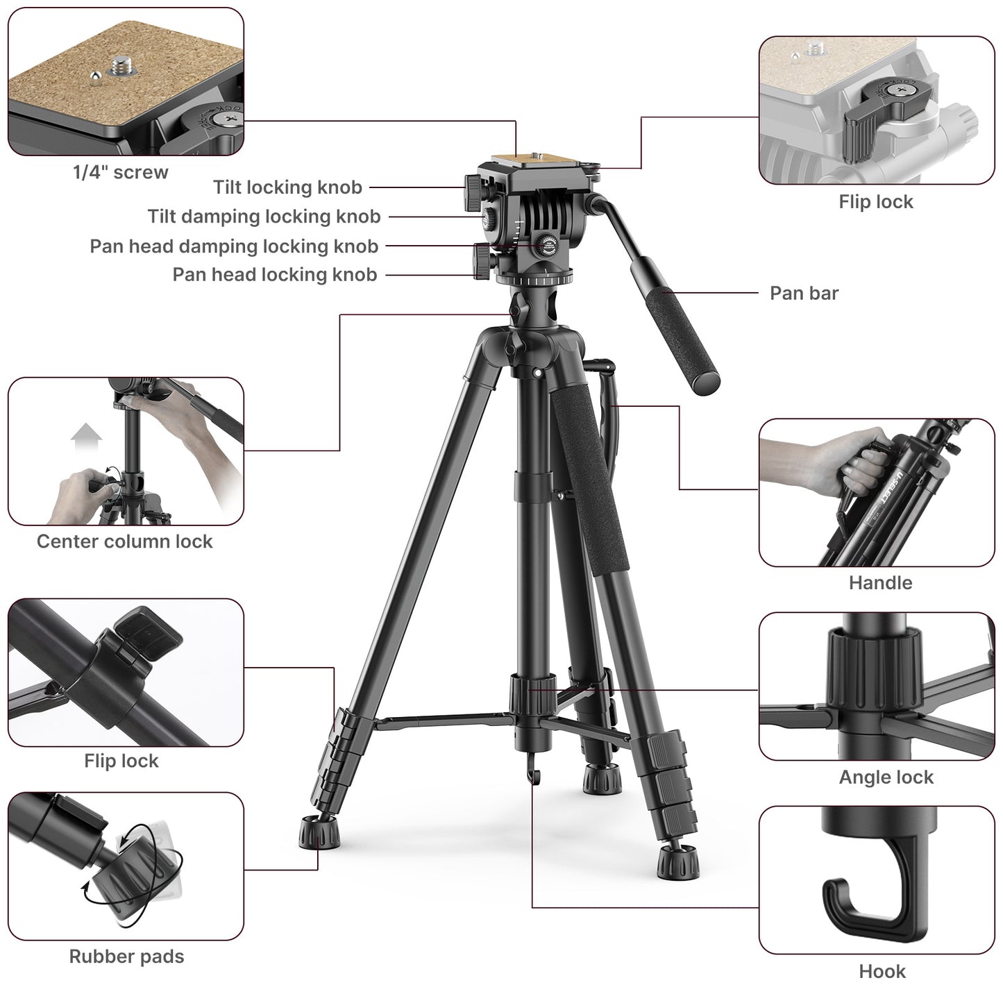ULANZI U-SELECT VT-02 Aluminum Alloy Center Column Fixed Structure Professional Tripod Ball Head Lightweight 3KG Load-Bearing Panorama Shooting Tripod for Shooting Photography