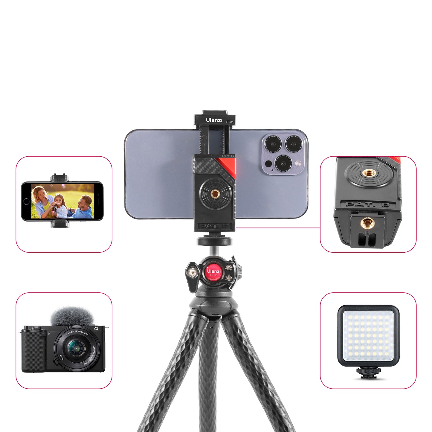 Uniqkart U-Select FT-01 Mobile Phone Clip + Octopus Tripod with 360 Degree Ball Head for Cellphone SLR Action Cameras