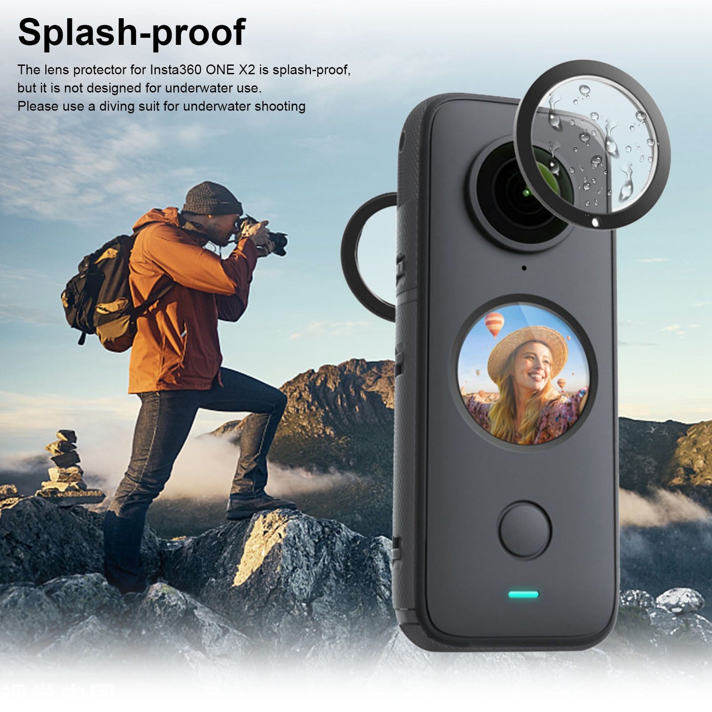 Uniqkart for Insta360 One X2 Splash-proof Front + Rear Camera Lens Guard Protective Film Cover