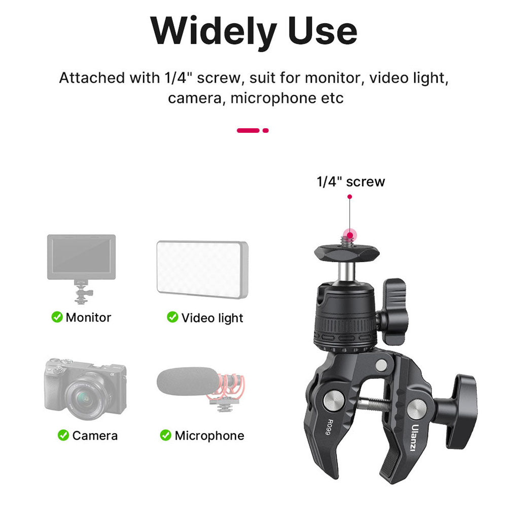 ULANZI R099 Clamping Crab Claw Clip Mount Adapter Portable Camera Holder Clamp with 1 / 4" Screw Hole for Action Camera, Fill Light, Monitor