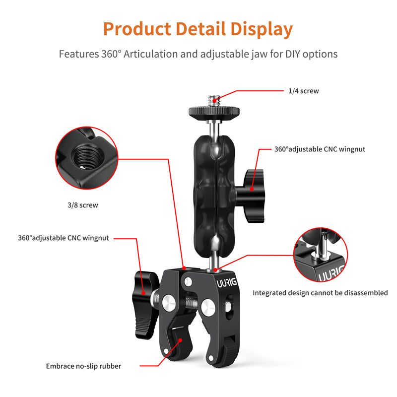 UURIG Integrated Camera Clamp Mount Multi-function Monitor Holder 360-degree Ball Head with 1 / 4" 3 / 8" Adapter for DSLR Camera / LED Lights