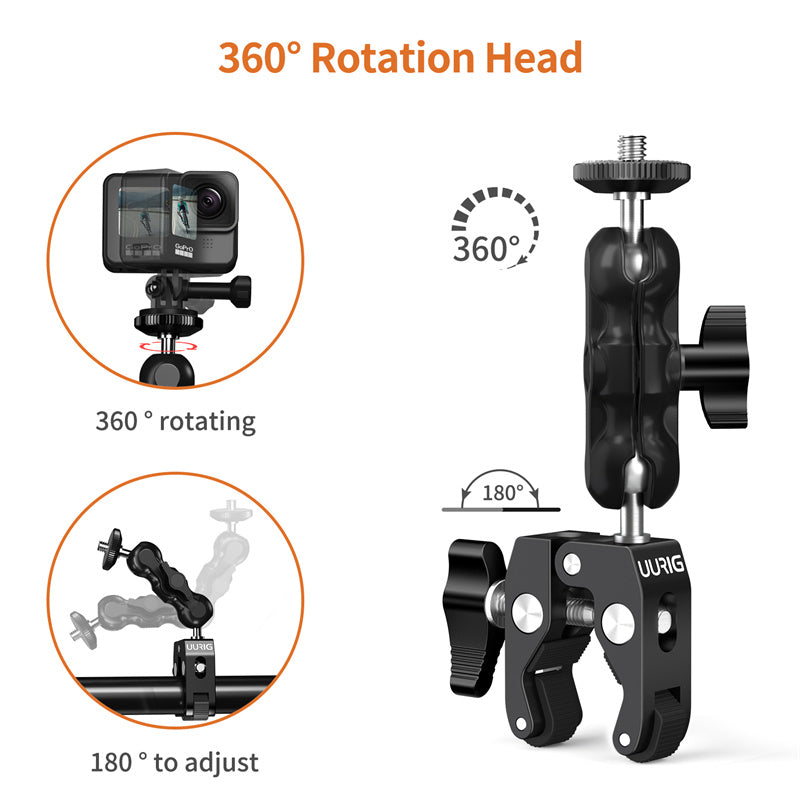 UURIG Integrated Camera Clamp Mount Multi-function Monitor Holder 360-degree Ball Head with 1 / 4" 3 / 8" Adapter for DSLR Camera / LED Lights