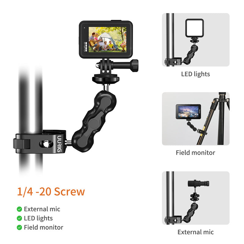 UURIG Integrated Camera Clamp Mount Multi-function Monitor Holder 360-degree Ball Head with 1 / 4" 3 / 8" Adapter for DSLR Camera / LED Lights