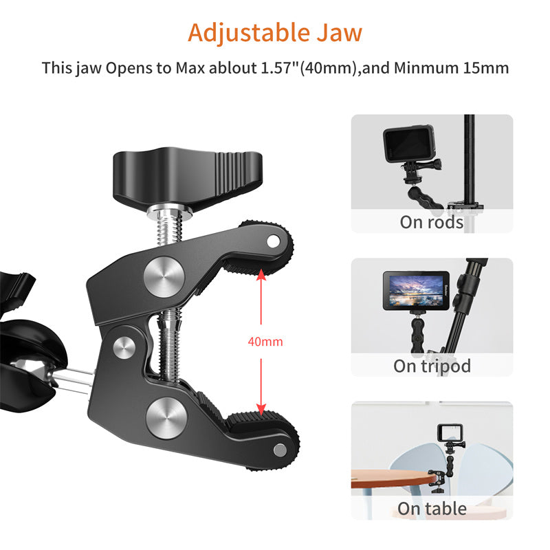 UURIG Integrated Camera Clamp Mount Multi-function Monitor Holder 360-degree Ball Head with 1 / 4" 3 / 8" Adapter for DSLR Camera / LED Lights