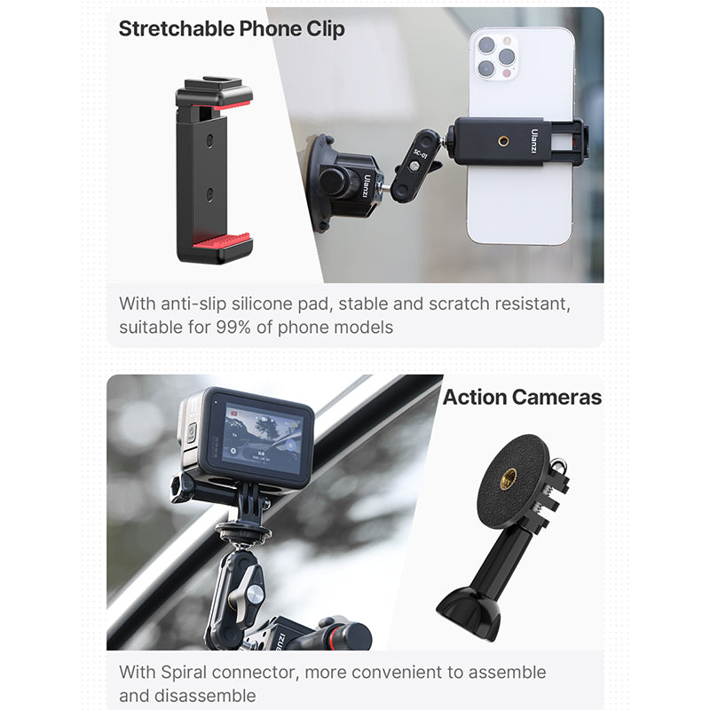 ULANZI SC-01 3-inch Suction Cup Mount for 360° Rotatable Ballheads with Phone Clip for GoPro Hero / iPhone