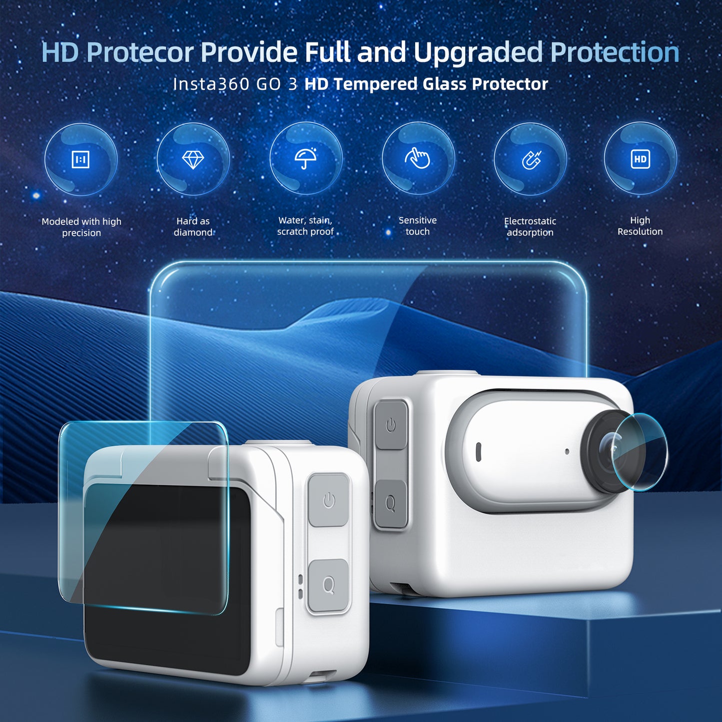 Uniqkart 2Pcs For Insta360 GO 3 Anti-fingerprint HD Tempered Glass Lens Film + Screen Protector Set