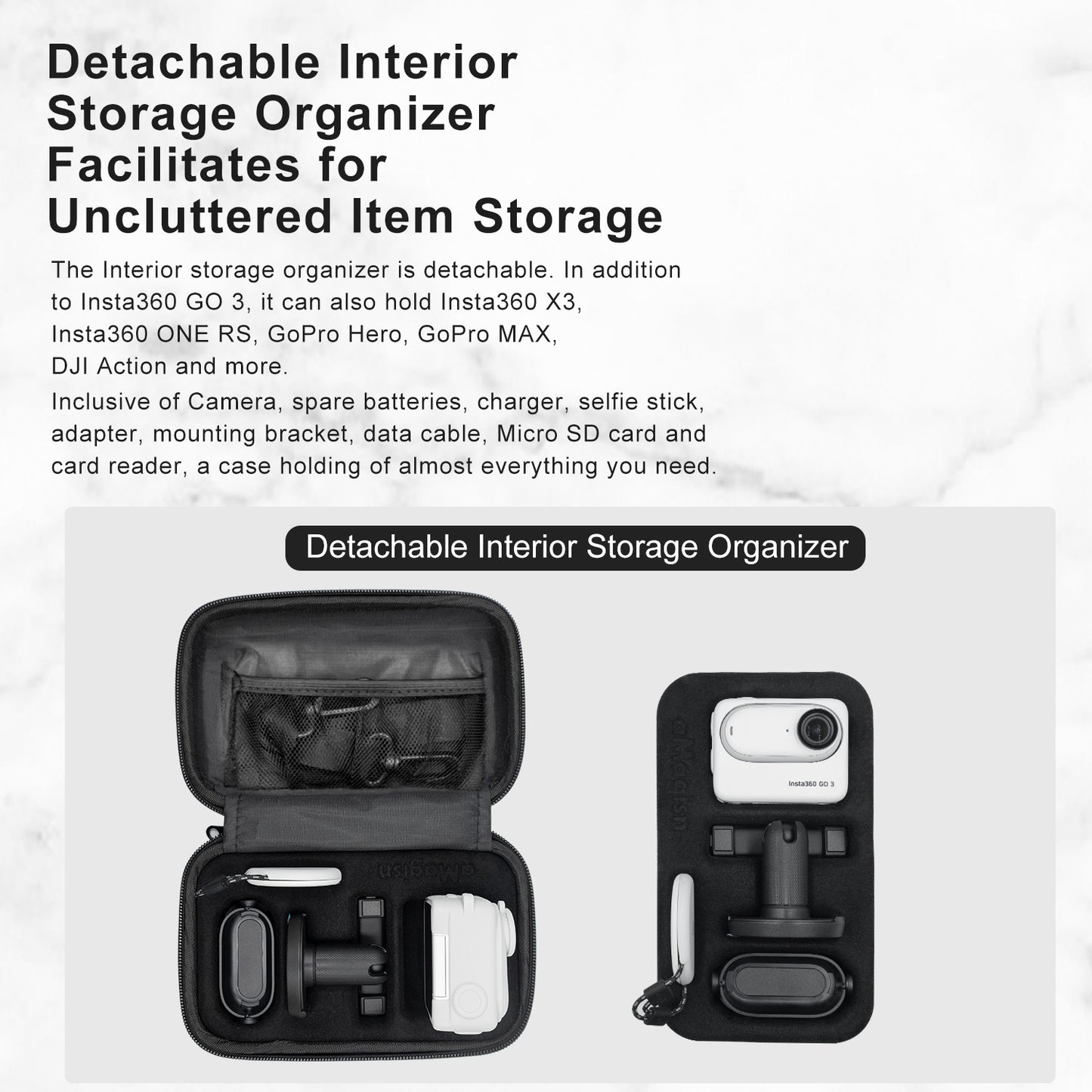 Uniqkart Storage Case for Insta360 GO 3 Action Camera Hard PC Shell with Detachable Inner Tray, Size S - Dark Grey
