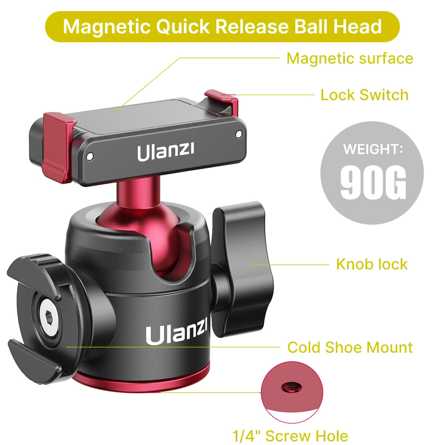 ULANZI U-180 Magnetic Quick Release Ball Head for DJI Action 2 Camera Mount Adapter with 1/4" Screw Port