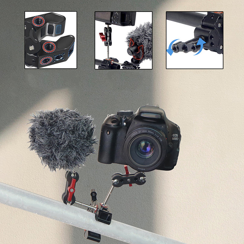 Anti-slip Camera Clamp Mount Gimbal Magic Arm Crab Claw with 1/4inch and 3/8inch Adapter for DSLR/LED Lights - Black / Red