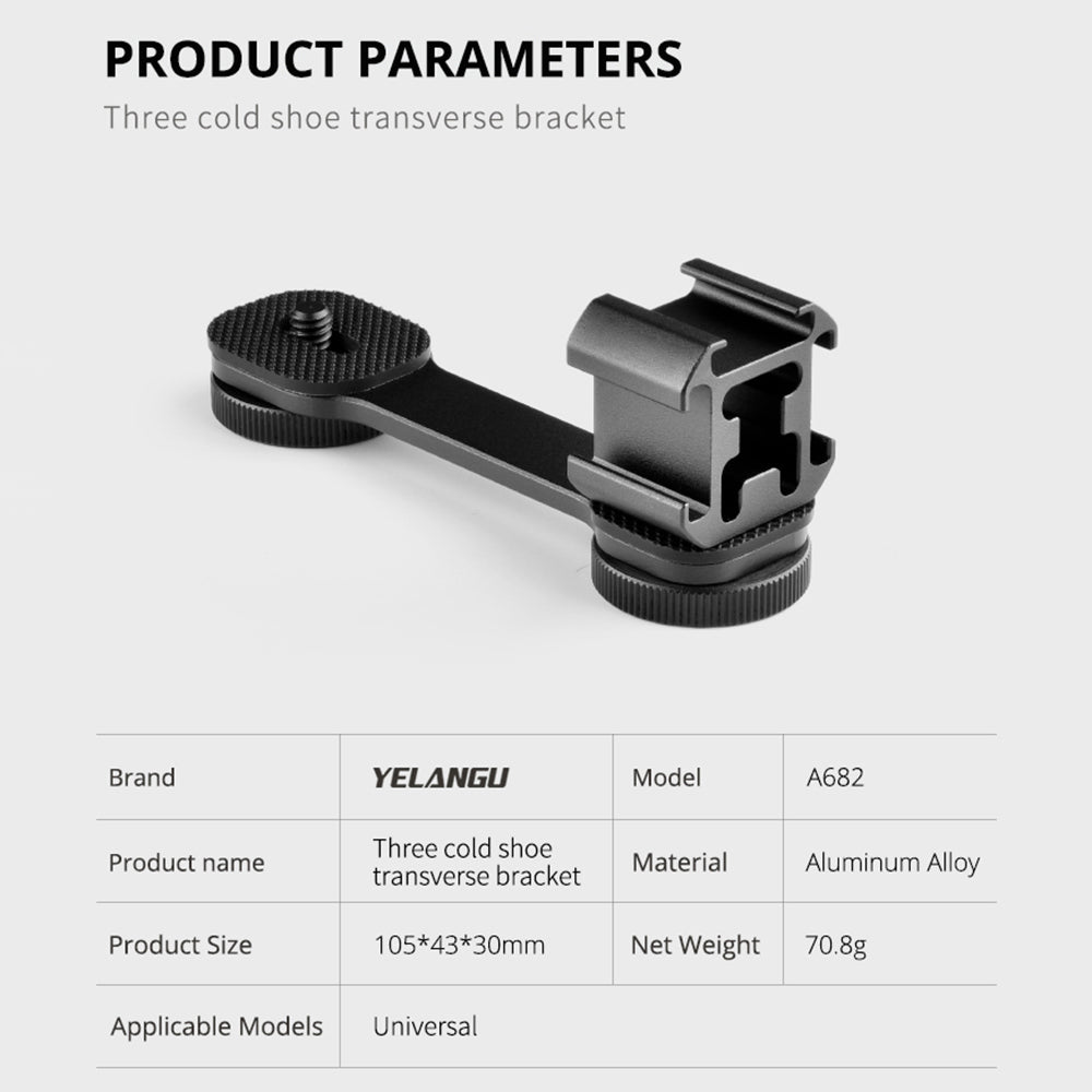 Yelangu A682 Three-Head Cold Shoe Base Extension Bracket Adapter Bracket Photography Accessories for Video Light Microphone
