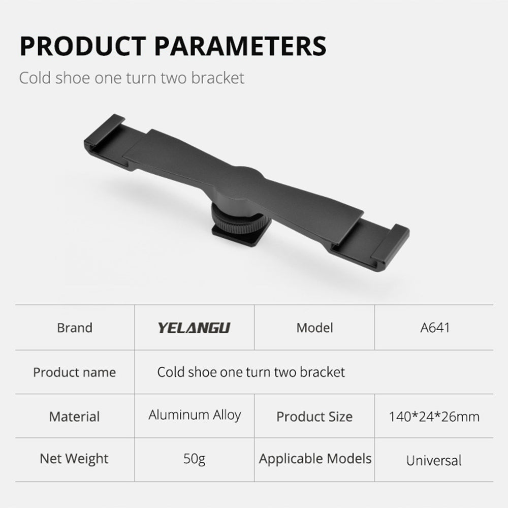 Yelangu A641 1-to-2 Gold Shoe Extension Bracket Universal Cold Shoe Mount Adapter for LED Lights/Microphones/Monitors/Audio Recorder Camera Accessory