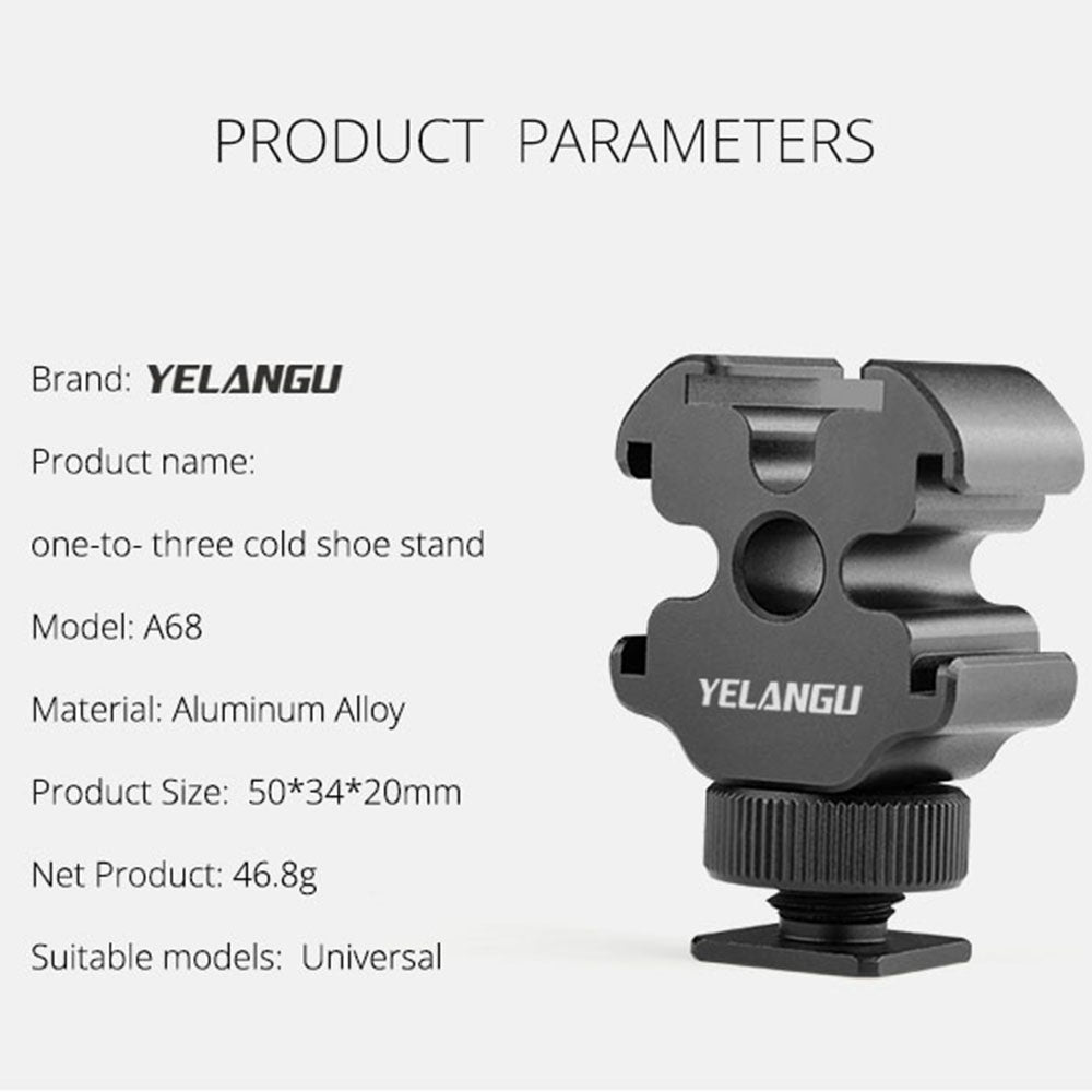 YELANGU A68 3-Side Cold Shoe Mount Adapter Camera Converter Bracket with 1/4" Screw Hole for Fill Light Microphone Monitor