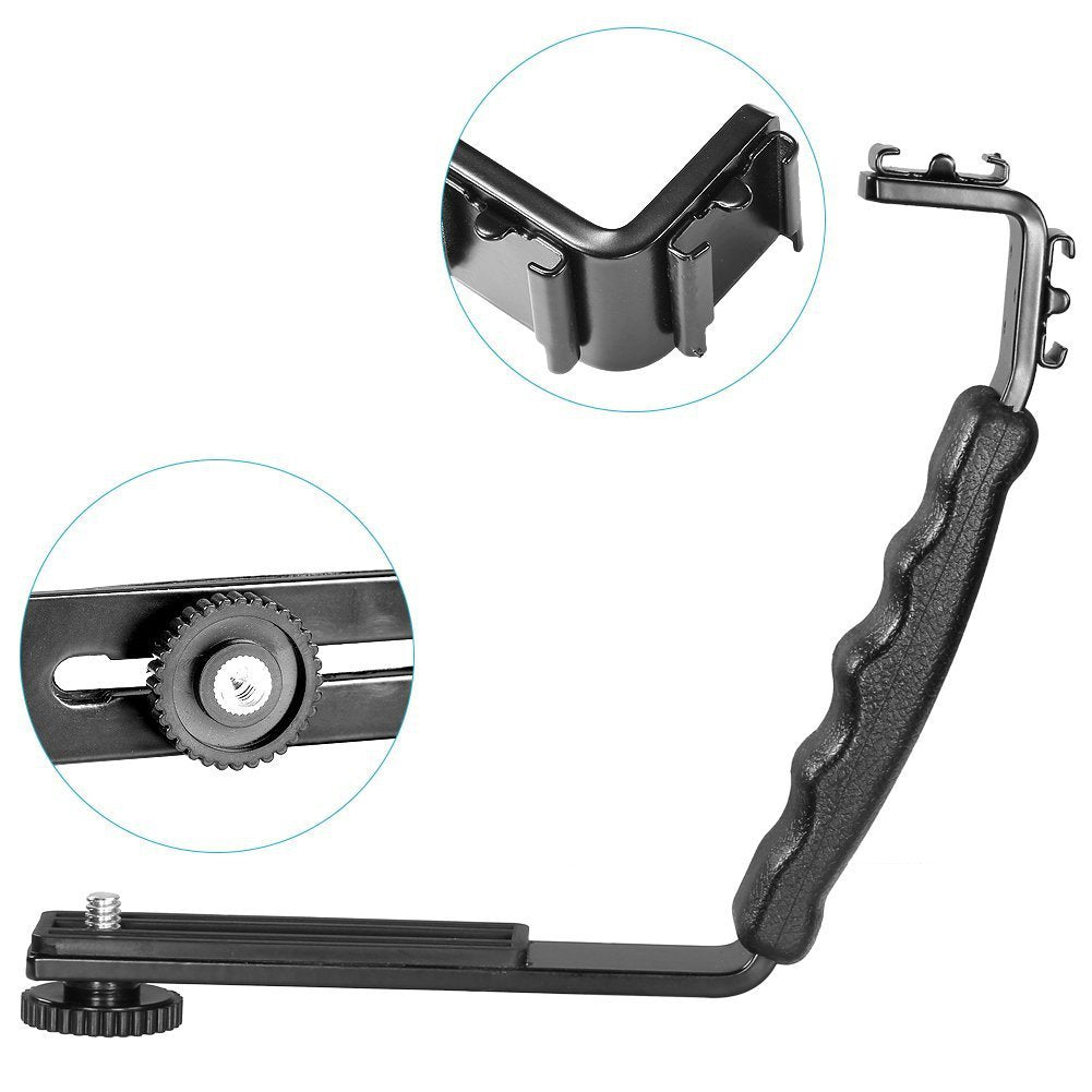 Photography Fill Light Holder Micro Camera Frame Mount DV Camera Bracket L-Shape Bilateral Bracket with Cold Shoe, 1 / 4" Adapter