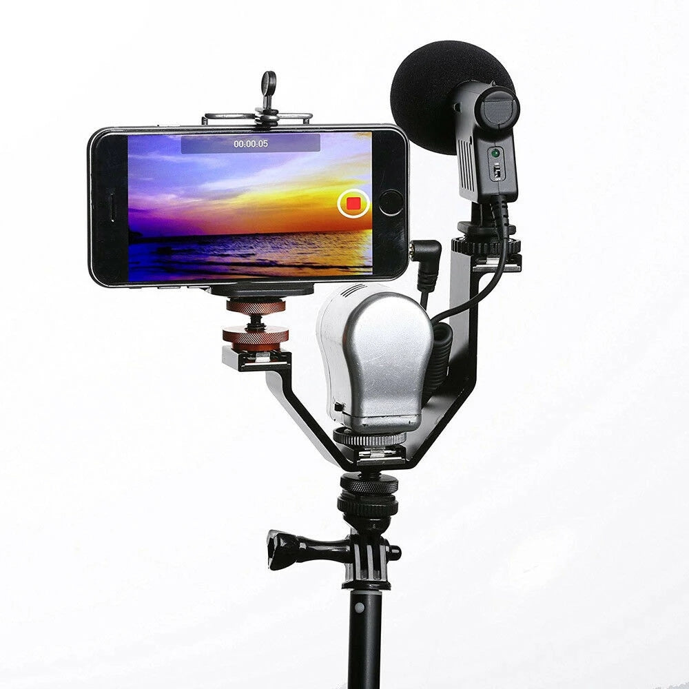 V Shape Triple Mount Hot Shoe Flash Bracket for Speedlite DSLR Camera Microphone LED Video Light