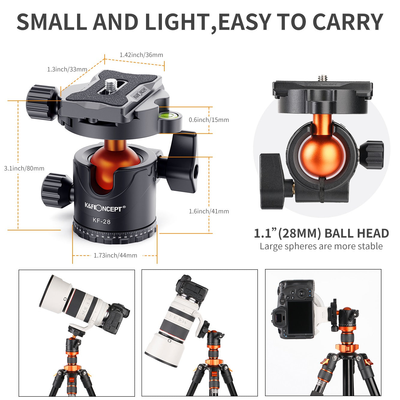 K&F CONCEPT KF31.023V3 Metal Tripod Ball Head 10KG Load Capacity 360-Degree Rotating Panoramic Ball Head with 1 / 4 inch Quick Release Plate Bubble Level for Monopod Camera Camcorder