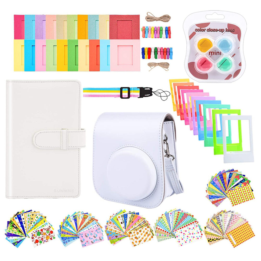 Instant Camera Accessories Compatible with Fujifilm Instax Mini 11, 14-in-1 Shutter Accessories Bundle with PU Leather Bag / Shoulder Strap / Instant Camera Gift Sets - White