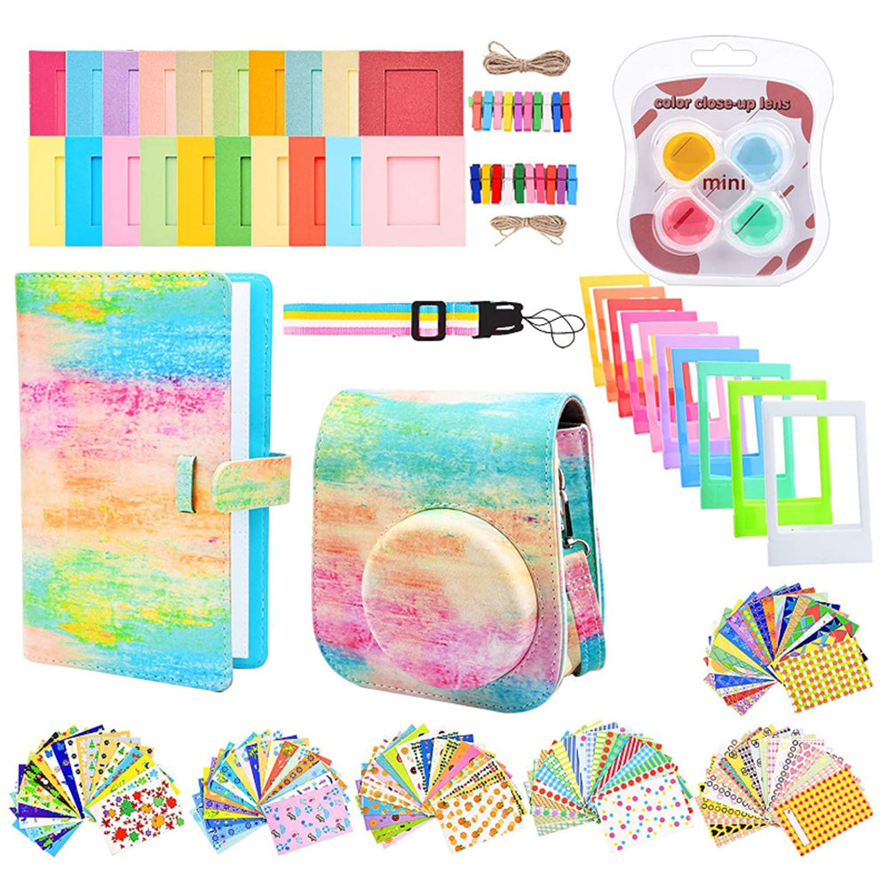 Instant Camera Accessories Compatible with Fujifilm Instax Mini 11, 14-in-1 Shutter Accessories Bundle with PU Leather Bag / Shoulder Strap / Instant Camera Gift Sets - Paint Rainbow