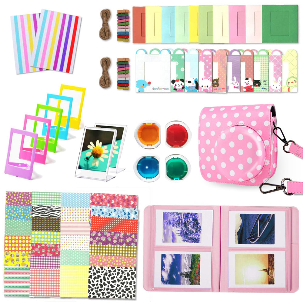 12-in-1 Instant Camera Accessories Kit for Fujifilm Instax Mini 11, Includes Bag, Album for Collecting / Displaying Photos - Dot Pink