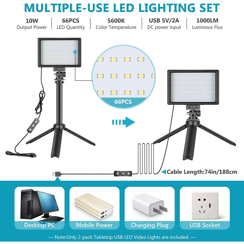 Uniqkart N-96 Portable Photography Lighting Kit Dimmable 5600K 66-LED USB Video Lamp with 40cm Mini Tripod Stand