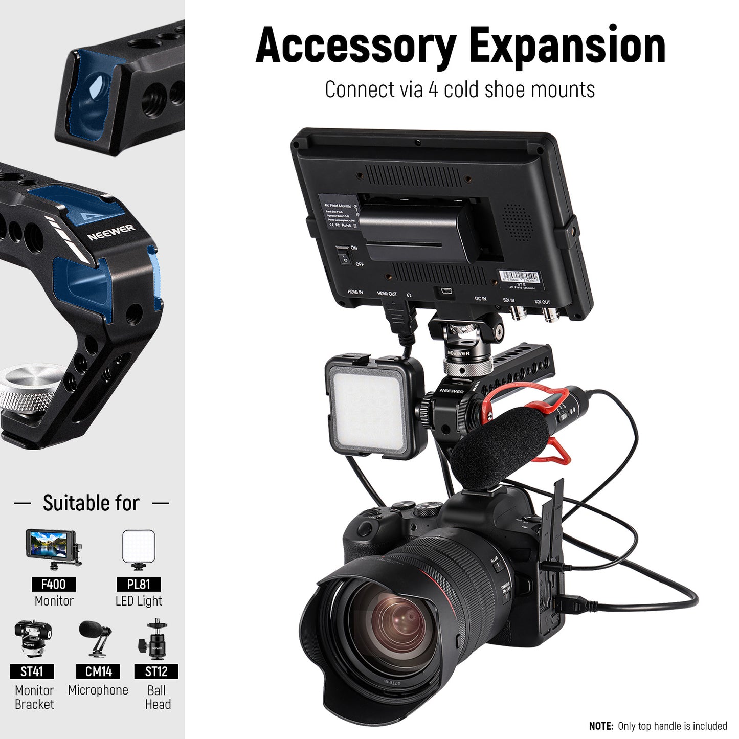 Uniqkart ST28 Top Handle Grip Camera Handgrip with Cold Shoe 1 / 4 3 / 8-inch Hole for DSLR Camera Cage Microphone Fill Light