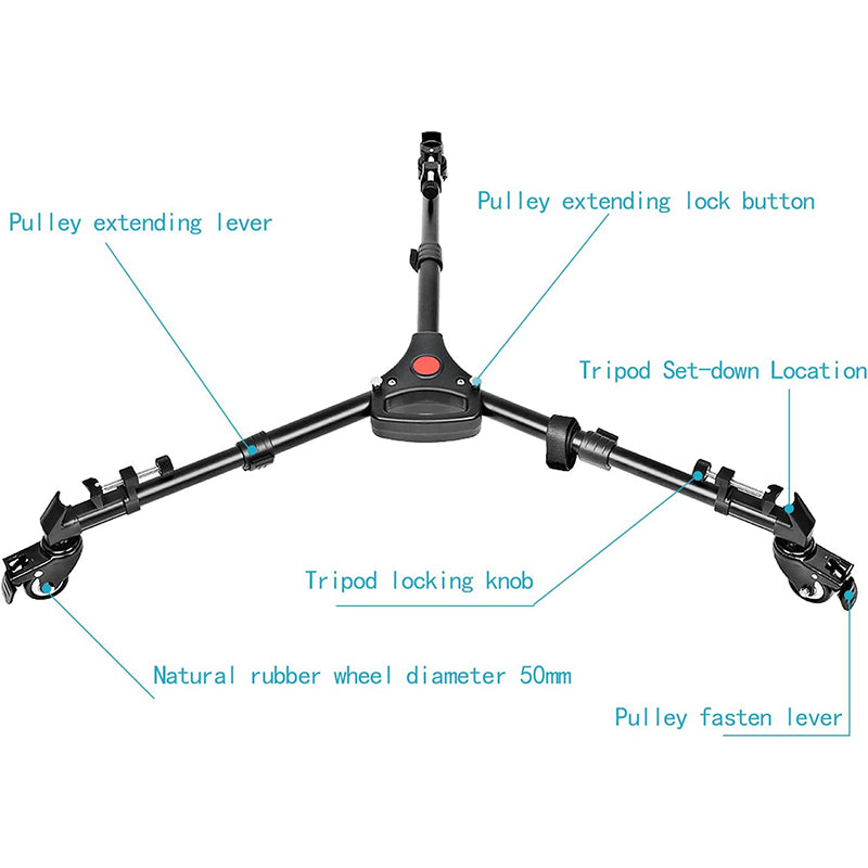 Uniqkart NW-600 Middle Size Aluminum Alloy Stretchable Pulley Photography Tripod Mute 3 Wheels Pulley Base