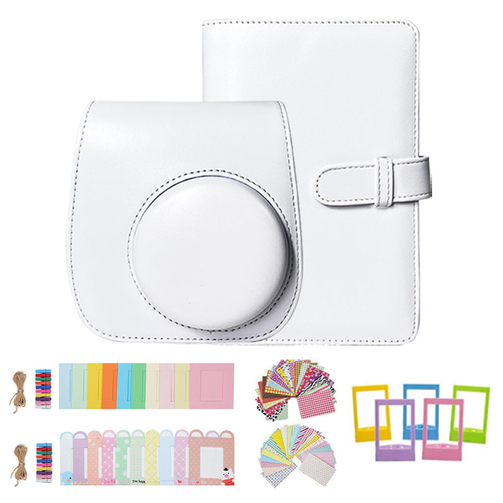 Uniqkart for FujiFilm Instax Mini 12 / 11 / 9 / 8 Camera Accessories 7-in-1 Bundle Kit Include Case, Film Stickers, Desk Frames, Hanging Frame - White