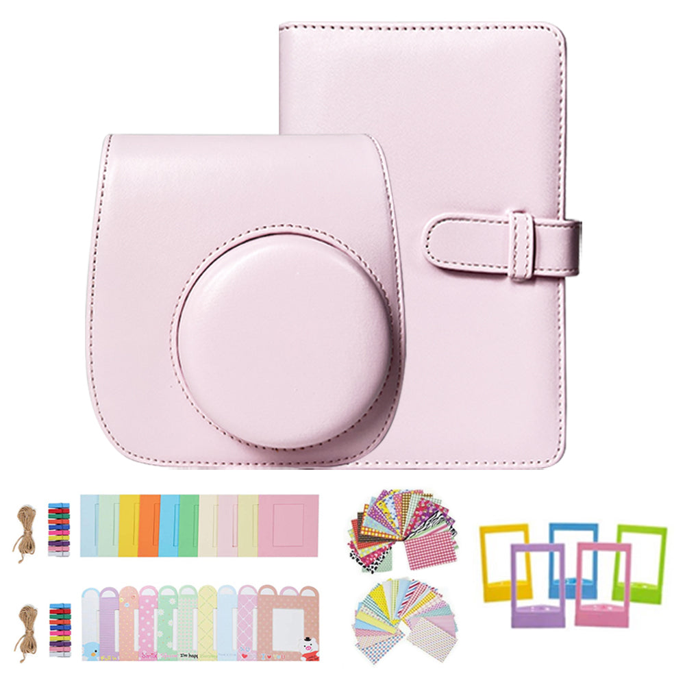 Uniqkart for FujiFilm Instax Mini 12 / 11 / 9 / 8 Camera Accessories 7-in-1 Bundle Kit Include Case, Film Stickers, Desk Frames, Hanging Frame - Light Pink