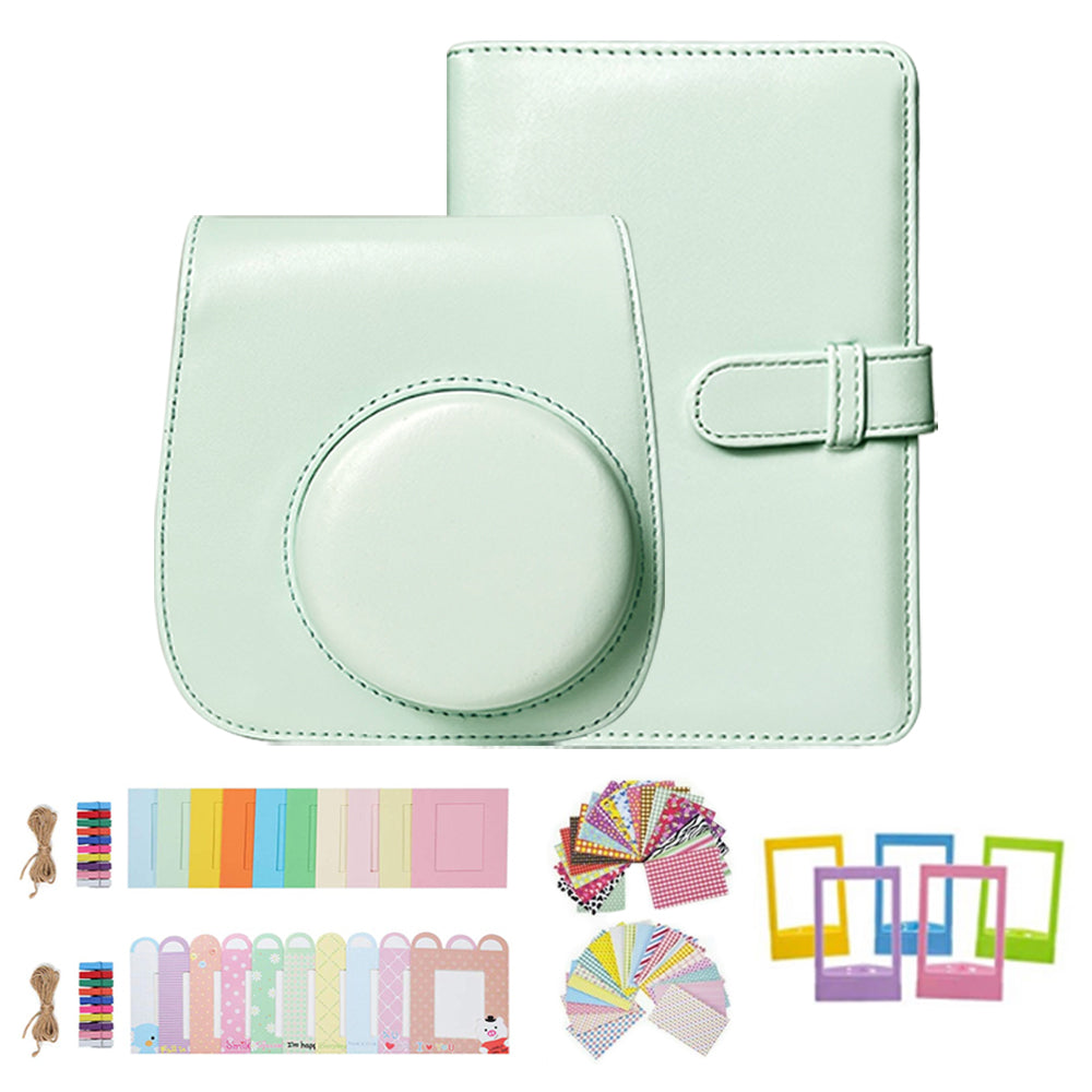 Uniqkart for FujiFilm Instax Mini 12 / 11 / 9 / 8 Camera Accessories 7-in-1 Bundle Kit Include Case, Film Stickers, Desk Frames, Hanging Frame - Mint Green