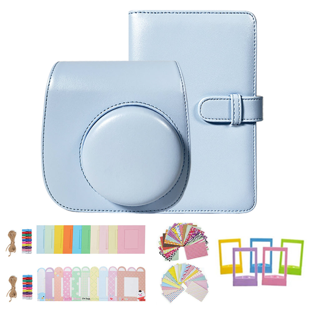 Uniqkart for FujiFilm Instax Mini 12 / 11 / 9 / 8 Camera Accessories 7-in-1 Bundle Kit Include Case, Film Stickers, Desk Frames, Hanging Frame - Blue