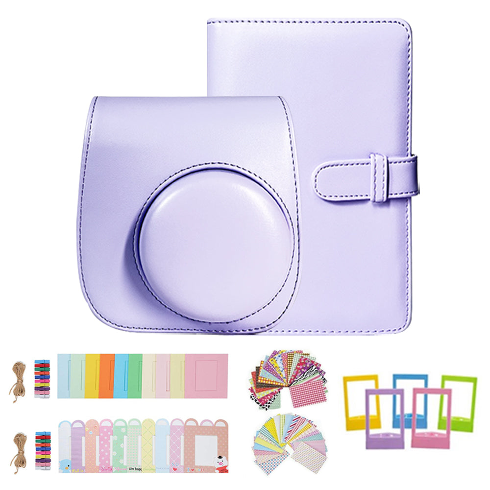 Uniqkart for FujiFilm Instax Mini 12 / 11 / 9 / 8 Camera Accessories 7-in-1 Bundle Kit Include Case, Film Stickers, Desk Frames, Hanging Frame - Purple