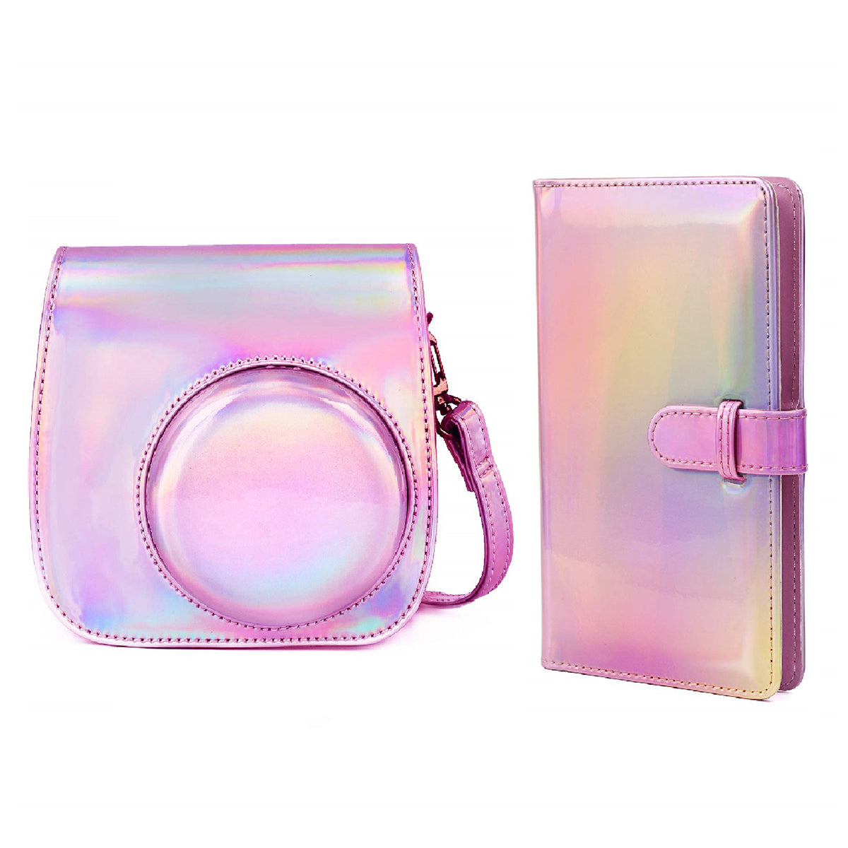 Uniqkart for Fujifilm Instax Mini 12 / 11 / 9 / 8 PU Leather Camera Case Cover Shoulder Bag with 3-inch Album - Aurora Pink