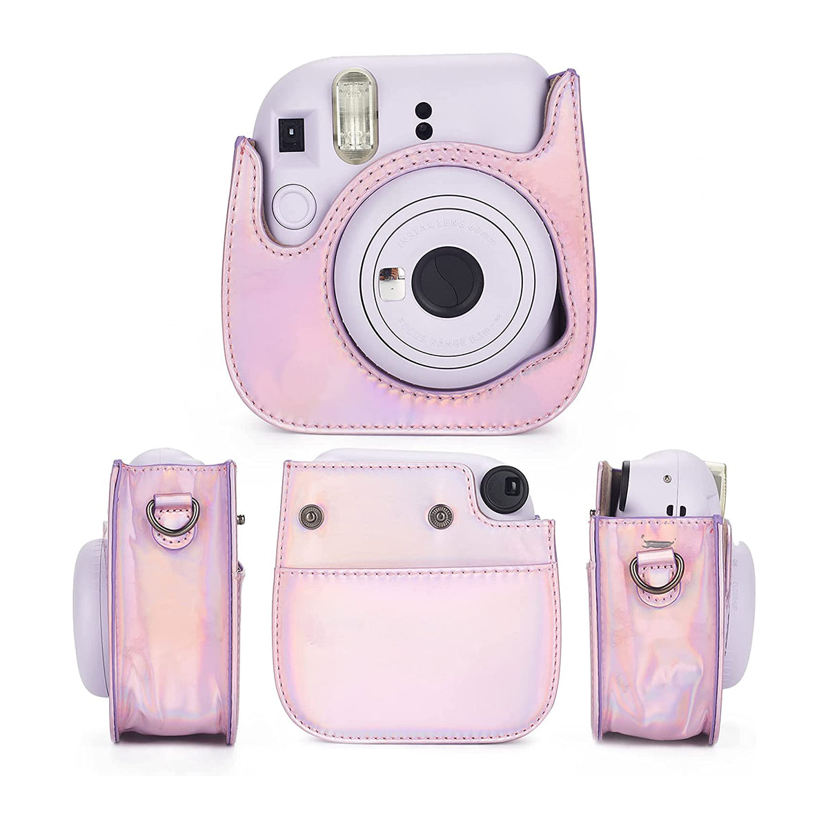 Uniqkart for Fujifilm Instax Mini 12 / 11 / 9 / 8 PU Leather Camera Case Cover Shoulder Bag with 3-inch Album - Aurora Pink