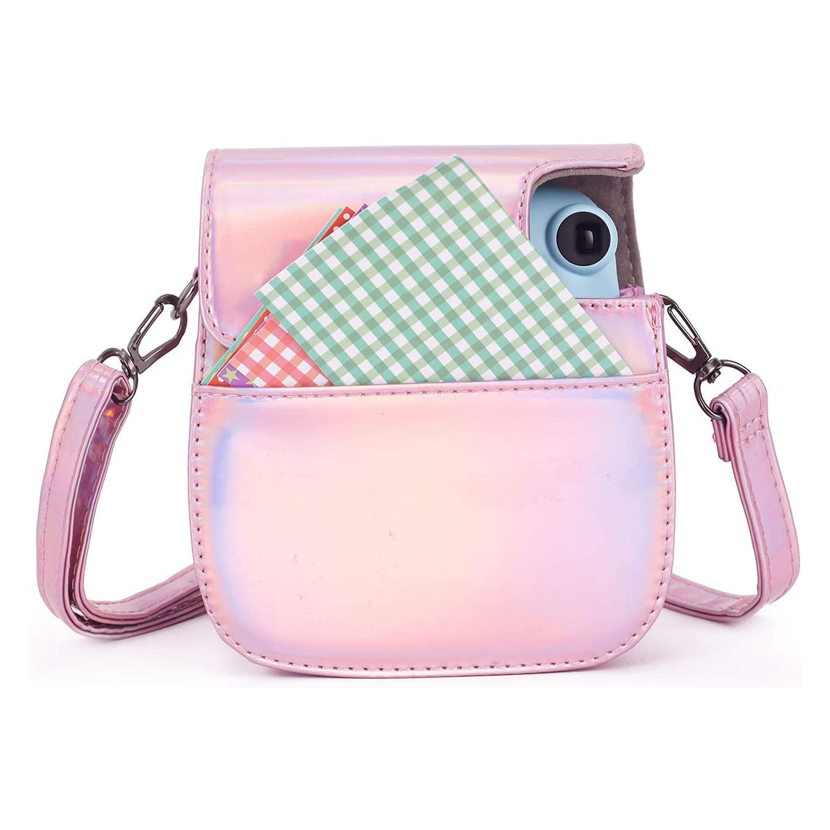 Uniqkart for Fujifilm Instax Mini 12 / 11 / 9 / 8 PU Leather Camera Case Cover Shoulder Bag with 3-inch Album - Aurora Pink