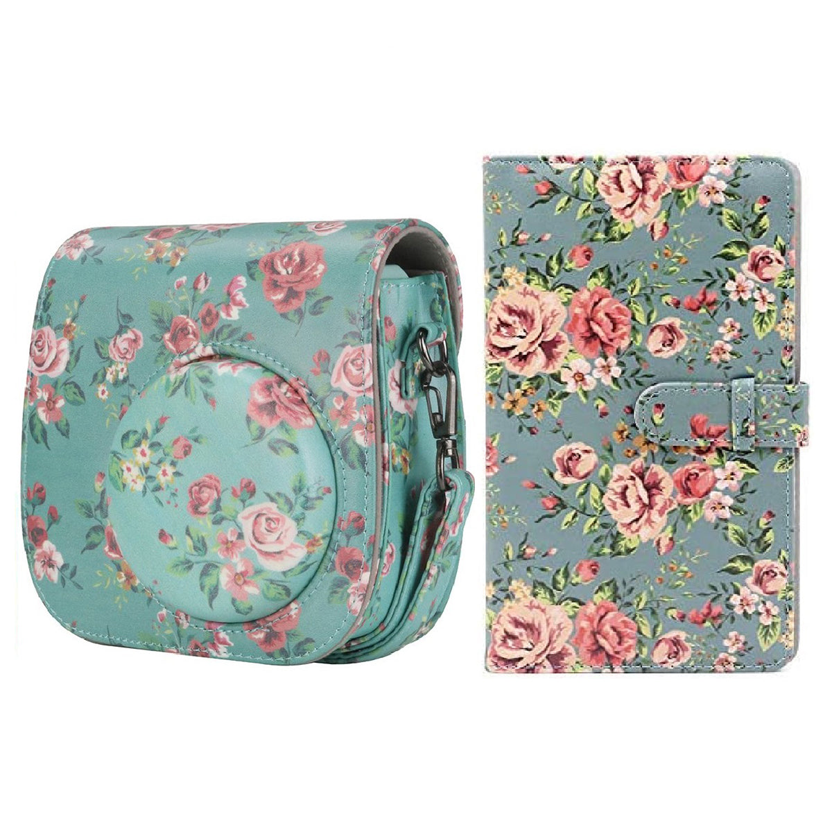 Uniqkart for Fujifilm Instax Mini 12 / 11 / 9 / 8 PU Leather Camera Case Cover Shoulder Bag with 3-inch Album - Green Flowers