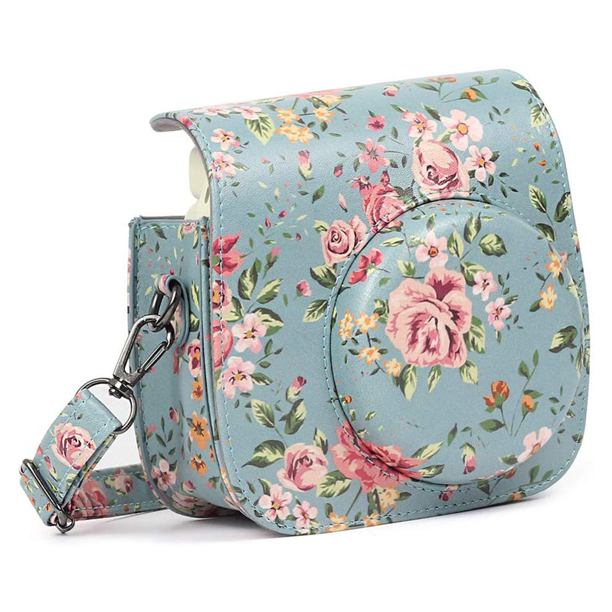 Uniqkart for Fujifilm Instax Mini 12 / 11 / 9 / 8 PU Leather Camera Case Cover Shoulder Bag with 3-inch Album - Green Flowers