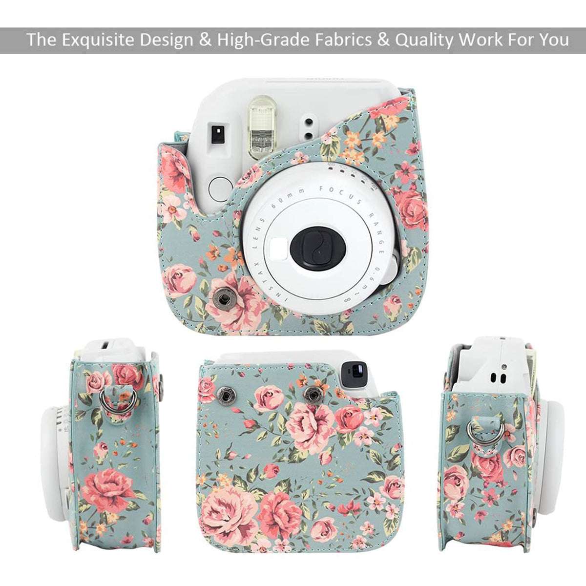 Uniqkart for Fujifilm Instax Mini 12 / 11 / 9 / 8 PU Leather Camera Case Cover Shoulder Bag with 3-inch Album - Green Flowers