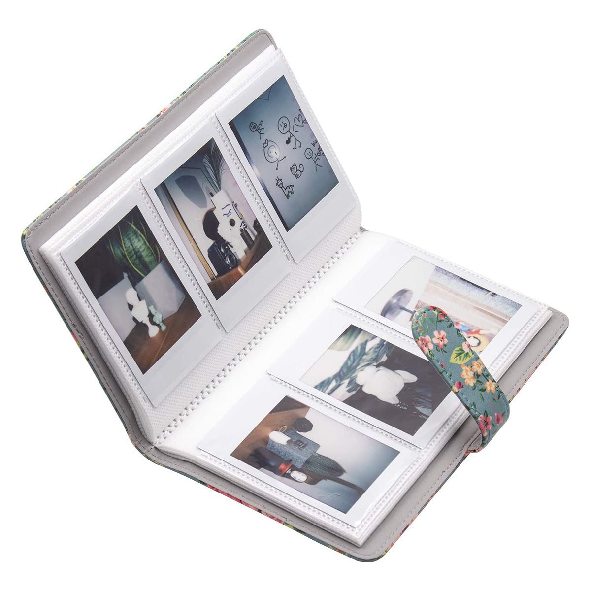 Uniqkart for Fujifilm Instax Mini 12 / 11 / 9 / 8 PU Leather Camera Case Cover Shoulder Bag with 3-inch Album - Green Flowers