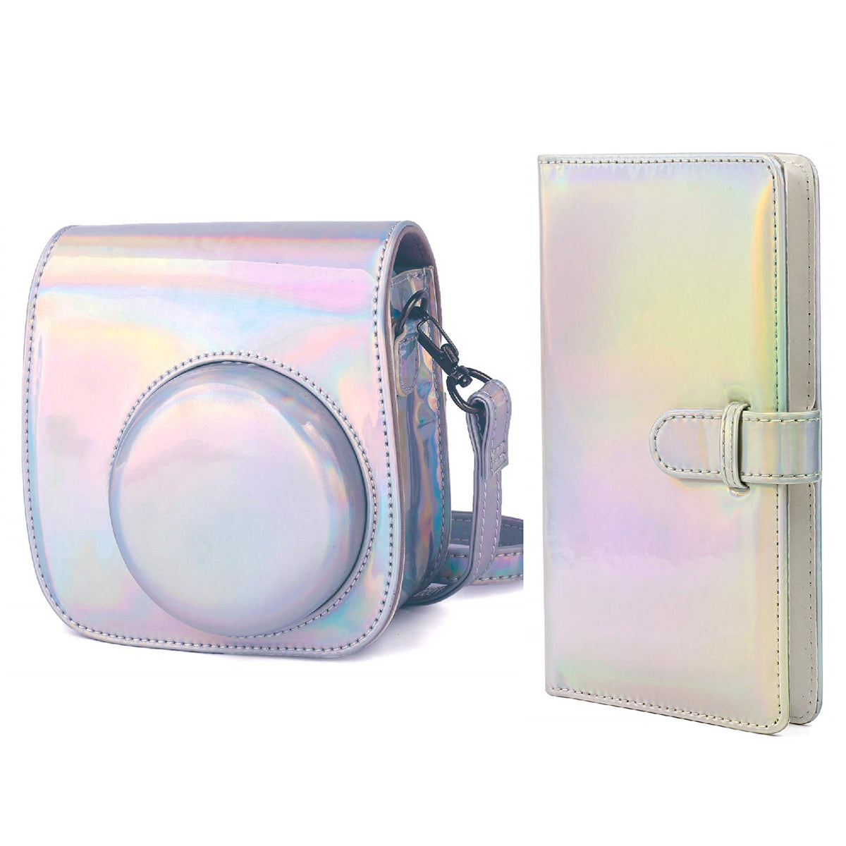 Uniqkart for Fujifilm Instax Mini 12 / 11 / 9 / 8 PU Leather Camera Case Cover Shoulder Bag with 3-inch Album - Magic Silver