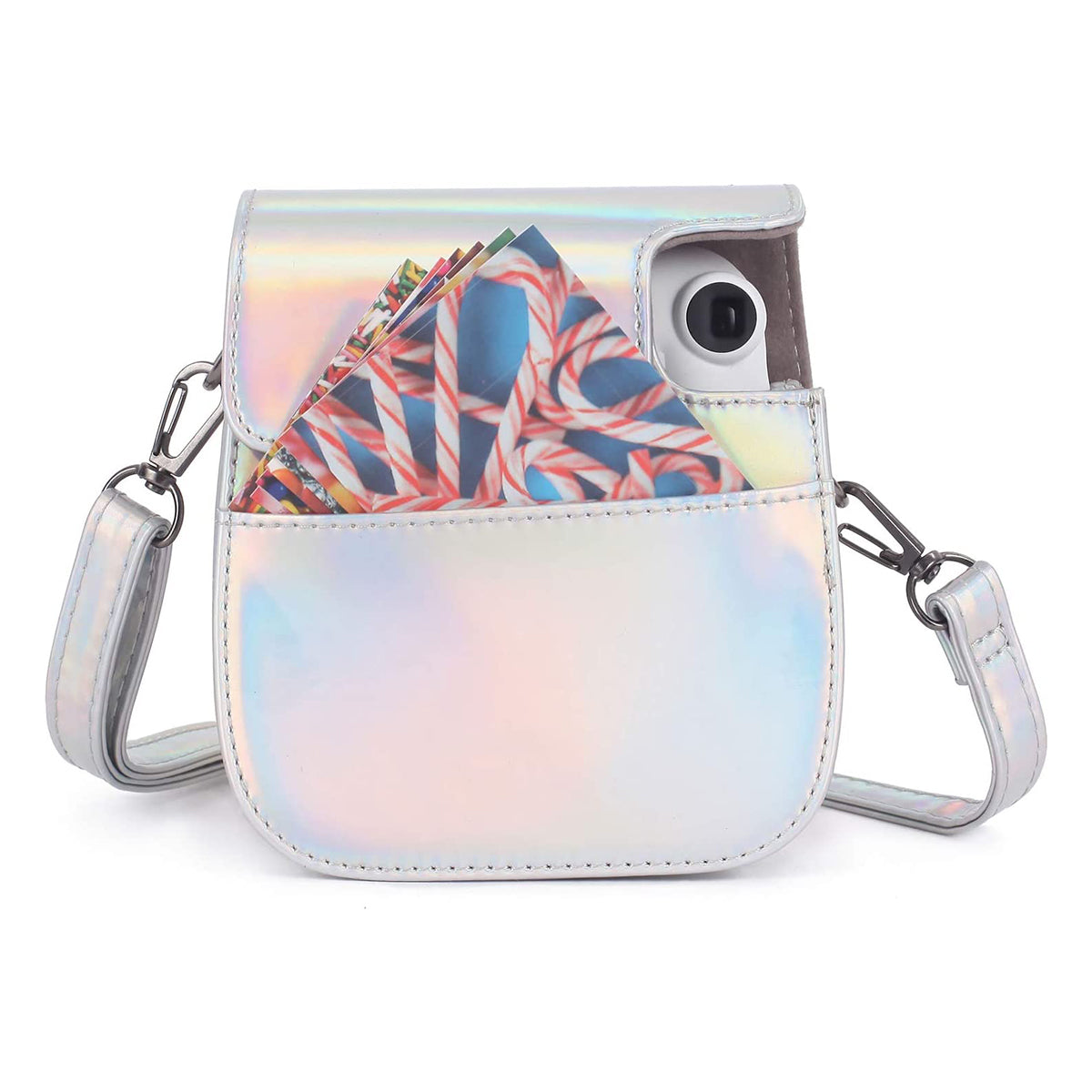 Uniqkart for Fujifilm Instax Mini 12 / 11 / 9 / 8 PU Leather Camera Case Cover Shoulder Bag with 3-inch Album - Magic Silver