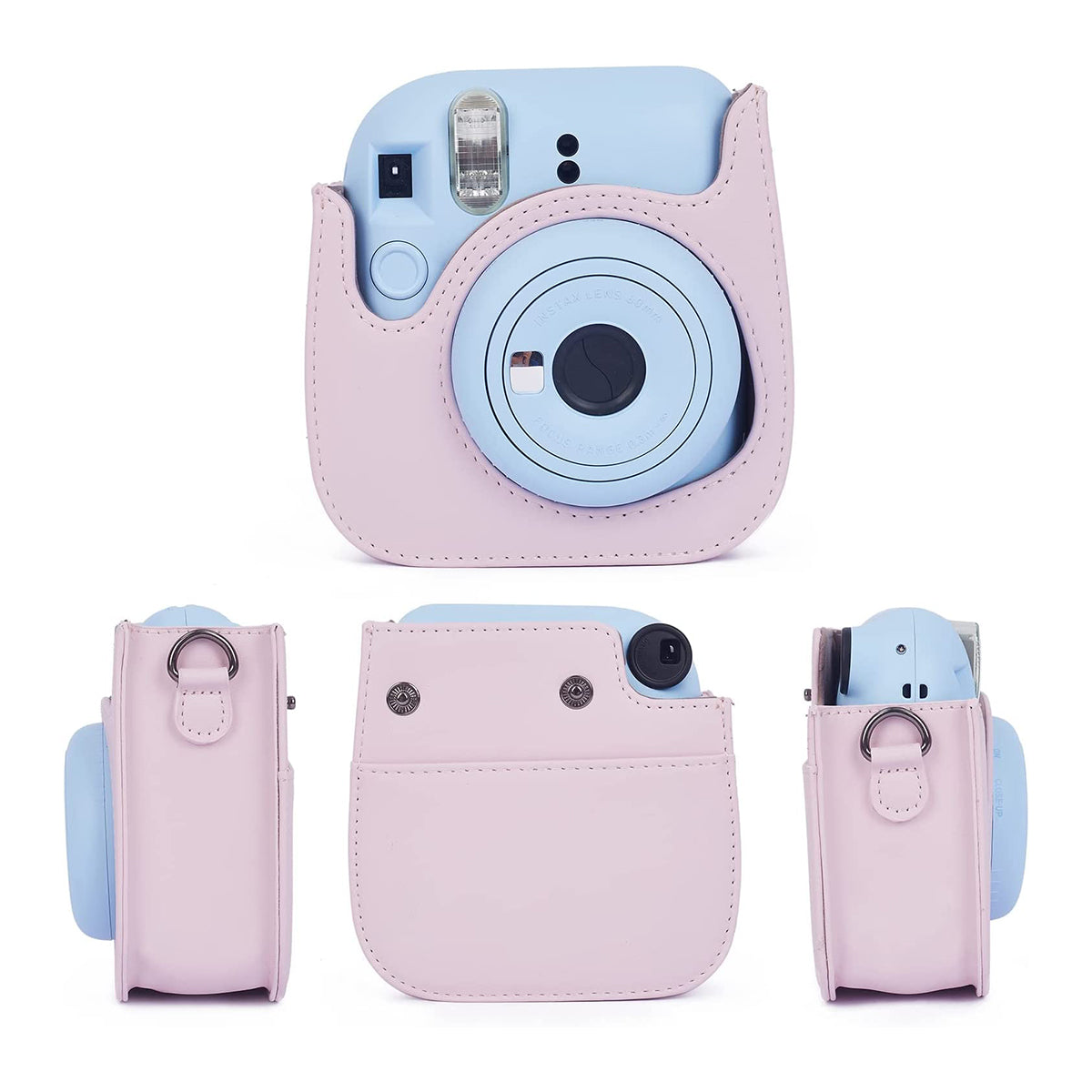 Uniqkart for Fujifilm Instax Mini 12 / 11 / 9 / 8 PU Leather Camera Case Cover Shoulder Bag with 3-inch Album - Light Pink