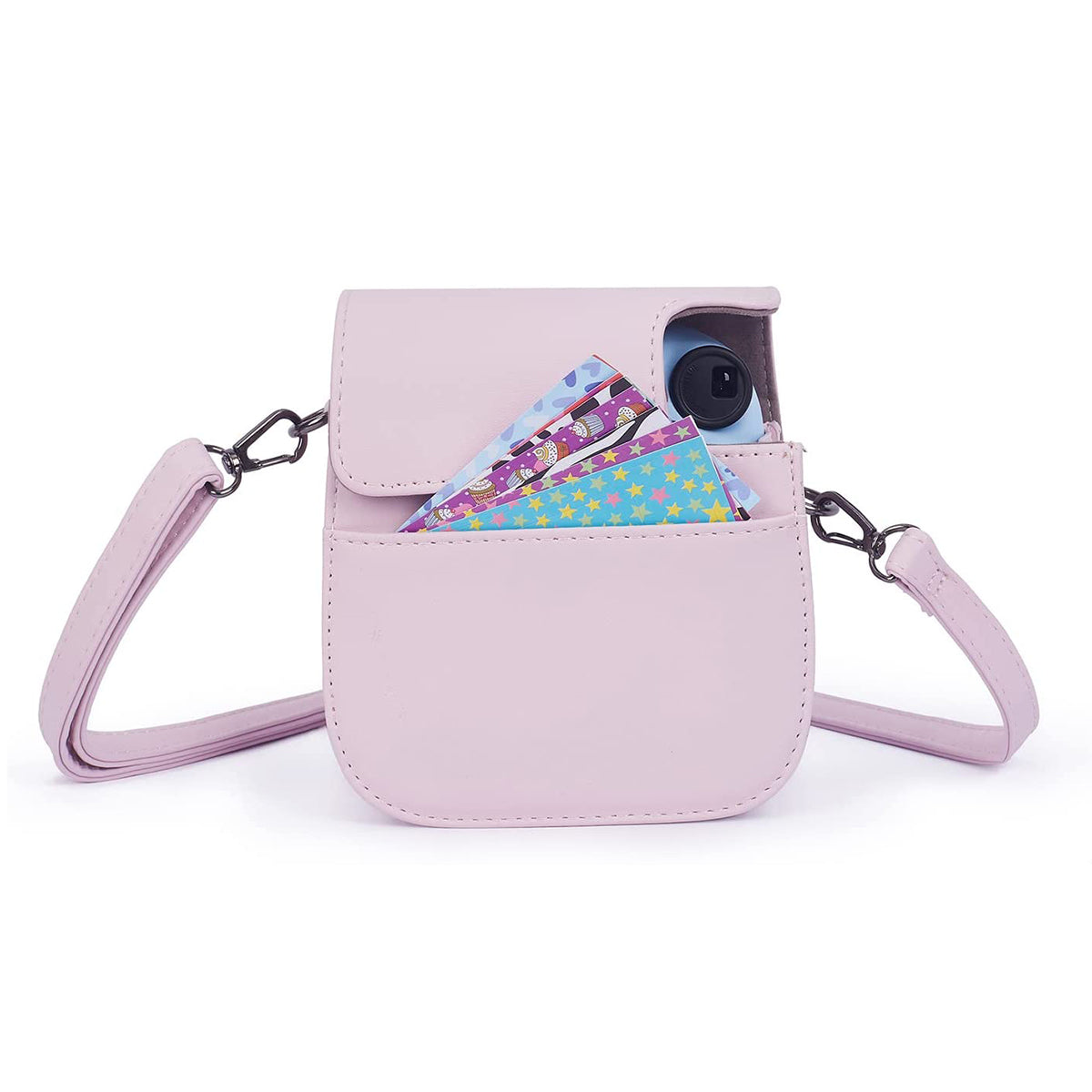 Uniqkart for Fujifilm Instax Mini 12 / 11 / 9 / 8 PU Leather Camera Case Cover Shoulder Bag with 3-inch Album - Light Pink