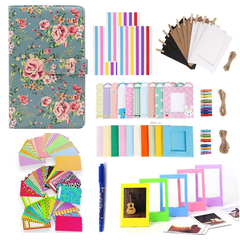 for FujiFilm Instax Mini 12 / 11 / 9 / 8+ / 8 10-in-1 Colorful Bundle Kit Accessories Includes Photo Album, Hang Frames, Border Stickers - Green Flowers
