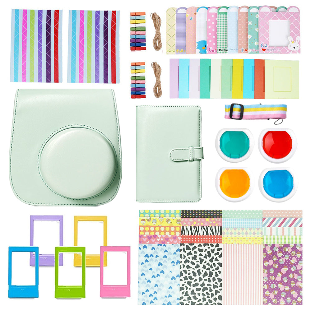 Uniqkart for FujiFilm Instax Mini 12 11-in-1 Accessories Kit Camera Bag Album Photo Frame Stickers Clips Set - Mint Green